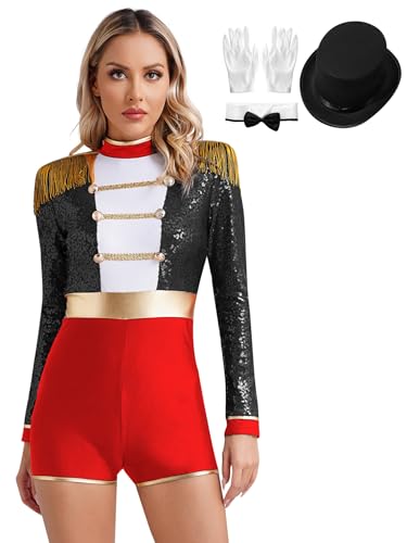 Yihuimin Damen Zirkus Kostüm Ringmaster Kostüm Retro Jumpsuit Langarm Ganzkörperanzug Halloween Kanreval Faschingskostüm X Schwarz A 3XL von Yihuimin