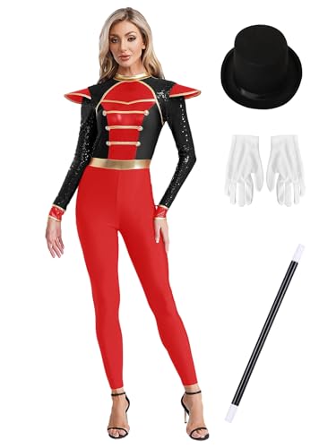 Yihuimin Damen Zirkus Kostüm Set Handschuhen Hut Zauberstab Zirkusdirektor Jumpsuit Overall Showman Kostüme Cosplay Karneval Fasching Schwarz 3XL von Yihuimin