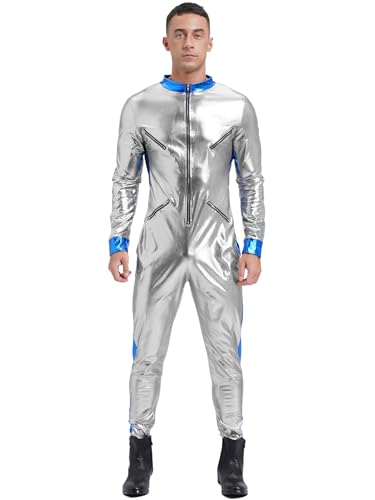 Yihuimin Herren Astronaut Cosplay Metallic Overall Langarm Ganzkörperanzug Silber Faschingskostüm Astronauten Karnevalskostüm Silber XXL von Yihuimin