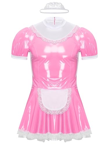 Yihuimin Herren Dienstmädchen Kostüm Set Mit Stirnband Lederkleid Glänzende Minikleid Mann Crossdresser Partykleid Rosa 4XL von Yihuimin