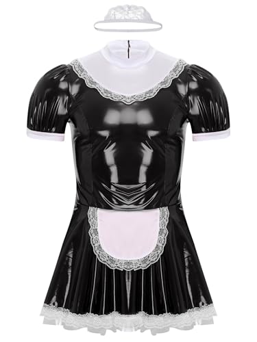 Yihuimin Herren Dienstmädchen Kostüm Set Mit Stirnband Lederkleid Glänzende Minikleid Mann Crossdresser Partykleid Schwarz 5XL von Yihuimin