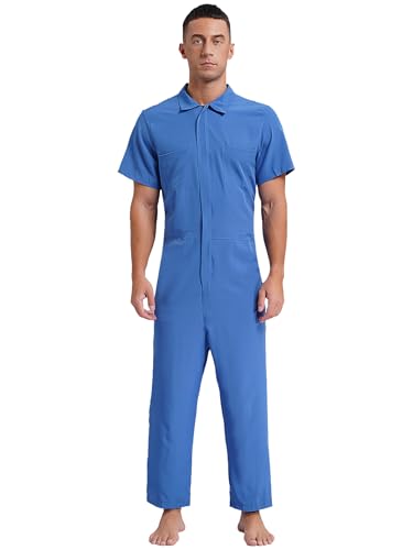 Yihuimin Herren Overall Arbeitskleidung Kurzarm Arbeitsoverall Mit Taschen Lang Jumpsuit Maleranzug Ganzanzug Einteiler Body Blau 3XL von Yihuimin