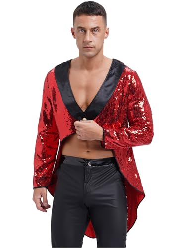 Yihuimin Herren Zirkusdirektor Kostüm Zirkus Glitzer Jacke Blazer Smoking Pailletten Vintage Mantel Halloween Karneval Faschingskostüm Rot 3XL von Yihuimin