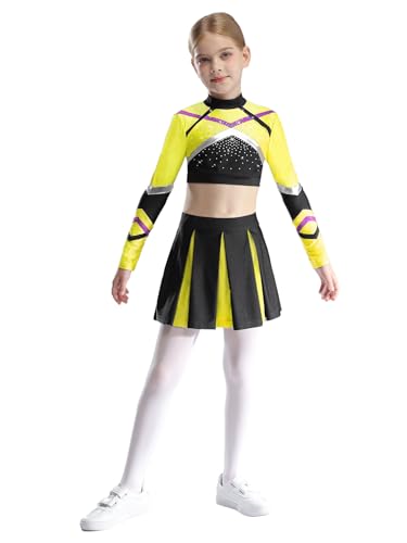 Yihuimin Kinder Mädchen Cheer Leader Kostüm Crop Tops Langarm mit Minirock Cheerleading Uniform Eiskunstlauf Kleid Party Outfits Fluoreszierendes Gelb 170 von Yihuimin