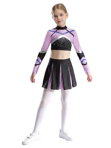 Yihuimin Kinder Mädchen Cheer Leader Kostüm Crop Tops Langarm mit Minirock Cheerleading Uniform Eiskunstlauf Kleid Party Outfits Helles Lila 110-116 von Yihuimin