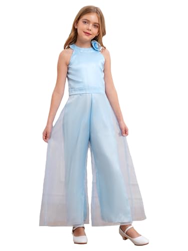 Yihuimin Mädchen Festlich Tüll Jumpsuit Armellos Schulterfrei Partykleid Kinder Hochzeit Gerburtstagskleid Cocktail Kleid Sommer Hosenanzug Performance Dancewear Hellblau 110-116 von Yihuimin