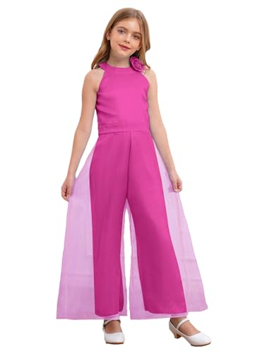 Yihuimin Mädchen Festlich Tüll Jumpsuit Armellos Schulterfrei Partykleid Kinder Hochzeit Gerburtstagskleid Cocktail Kleid Sommer Hosenanzug Performance Dancewear Hot Pink 122-128 von Yihuimin