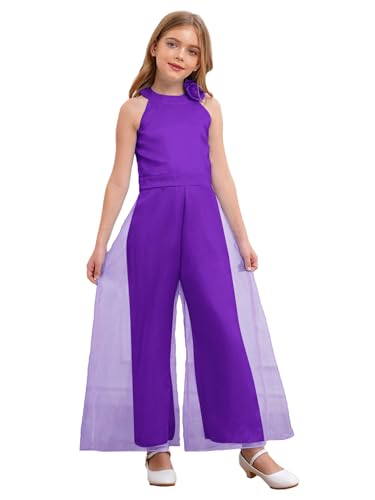 Yihuimin Mädchen Festlich Tüll Jumpsuit Armellos Schulterfrei Partykleid Kinder Hochzeit Gerburtstagskleid Cocktail Kleid Sommer Hosenanzug Performance Dancewear Violett 110-116 von Yihuimin