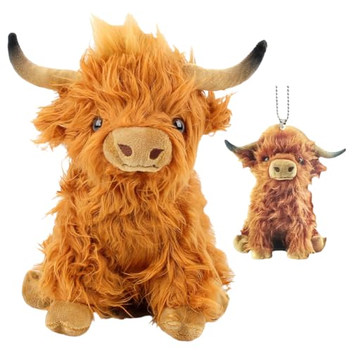 YiiLi Highland Cow Plüsch,2 Stück Hochlandkuh Plüschtier und Niedlicher Kuh-Schlüsselanhänger Cartoon Kuh Puppen Tiere Stuffed Toys Kinder Party Geburtstag Geschenk für Jungen Mädchen(25cm) von Buosha