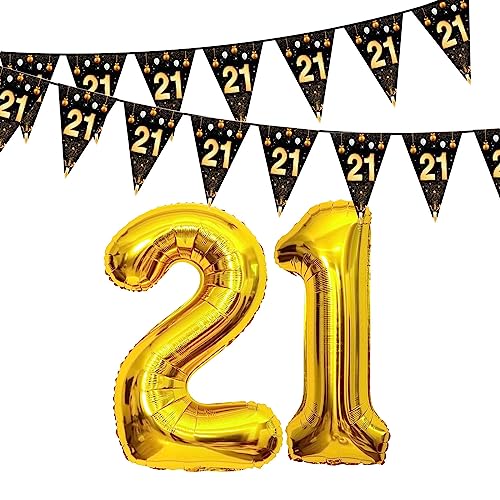 21 Geburtstag Deko 21. Geburtstagsdeko 4 Meter Wimpelkette Gold Luftballon Zahlen 21 Folienballon Dekoration Wimpel Girlande Outdoor Folie Ballons Zahl Jubiläum 21 Jahre Geburtstage Frau Männer von YiiiGoood