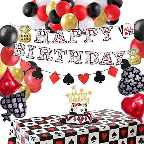 Casino Geburtstag Deko Las Vegas Poker Tischdecke Spielkarte HAPPY BIRTHDAY Girlande Folie Ballons Casino Nacht Partydeko Spieleabend Dekoration Wimpelkette Geburtstagsdeko Rot Schwarz von YiiiGoood