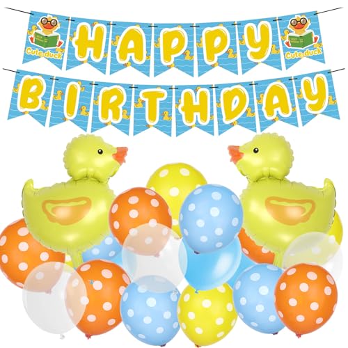 Enten Geburtstag Deko HAPPY BIRTHDAY Girlande Mini Ente Folie Ballons Polka Punkt Luftballons Blau Gelb Kindergeburtstag Dekoration Kinder Party Zubehör von YiiiGoood