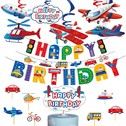 YiiiGoood Kindergeburtstag Flugzeug Geburtstag Deko Fahrzeug Kindergeburtstag Dekoration Happy Birthday Girlande Spiralen Kuchendeko Kinder Geburtstagsdeko Mädchen Jungen von YiiiGoood