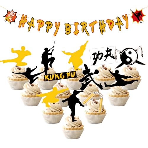 Kungfu Geburtstag Deko Kung Fu HAPPY BIRTHDAY Banner 24 Stk. Taiji Symbol Cake Toppers Yin Yang Kuchendeko Geburtstagsparty Dekoration von YiiiGoood