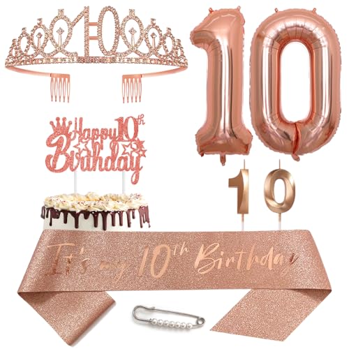 10. Geburtstags Krone Schärpe für Mädchen Kristall Queen Tiara Princess Crown 10 Jahre Geburtstag Tortendeko 10 Geburtstagskrone Geburtstagsschärpe Girls Geburtstagsgeschenk Helium Ballons Zahl 10 von Yijunmca