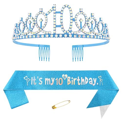 10. Geburtstags Krone und Schärpe für Mädchen Kristall Queen Tiara Princess Crown Blau 10th Birthday Schärpe 10th Geburtstagskrone Geburtstagsschärpe Girls Geburtstag Dekoration Geburtstagsgeschenk von Yijunmca