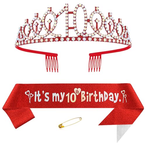 10. Geburtstags Krone und Schärpe für Mädchen Kristall Queen Tiara Princess Crown Rot 10th Birthday Schärpe 10th Geburtstagskrone Geburtstagsschärpe Girls Geburtstag Dekoration Geburtstagsgeschenk von Yijunmca