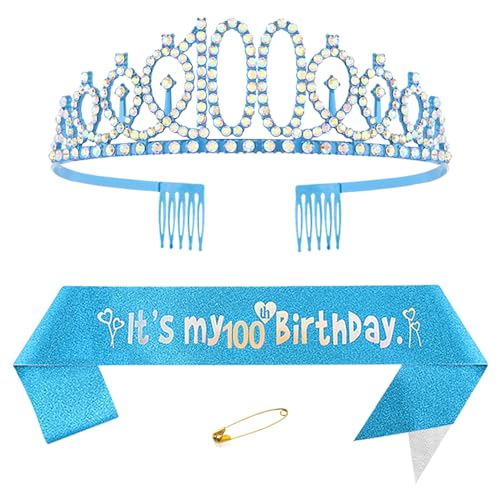 100. Geburtstags Krone und Schärpe für Damen Kristall Queen Tiara Princess Crown Blau Birthday Schärpe 100th Geburtstagskrone Frau Geburtstagsschärpe Frauen Geburtstag Dekoration Geburtstagsgeschenk von Yijunmca