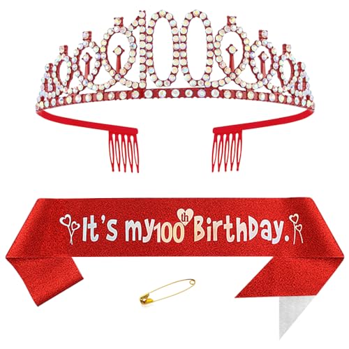 100. Geburtstags Krone und Schärpe für Damen Kristall Queen Tiara Princess Crown Rot Birthday Schärpe 100th Geburtstagskrone Frau Geburtstagsschärpe Frauen Geburtstag Dekoration Geburtstagsgeschenk von Yijunmca