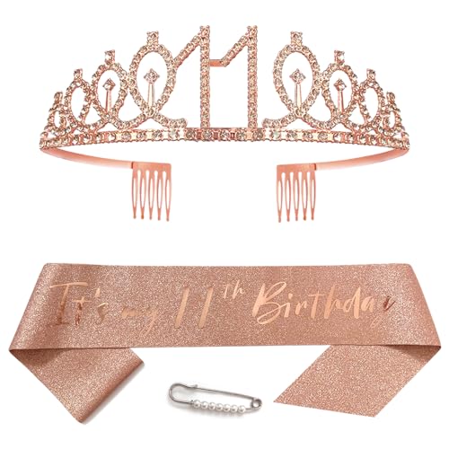 11. Geburtstags Krone und Schärpe für Mädchen Kristall Queen Tiara Princess Crown Roségold 11th Birthday Schärpe 11 Geburtstagskrone Geburtstagsschärpe Girls Geburtstag Dekoration Geburtstagsgeschenk von Yijunmca