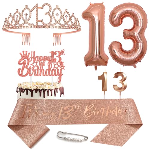 13. Geburtstags Krone Schärpe für Mädchen Kristall Queen Tiara Princess Crown 13 Jahre Geburtstag Tortendeko 13 Geburtstagskrone Geburtstagsschärpe Girls Geburtstagsgeschenk Helium Ballons Zahl 13 von Yijunmca