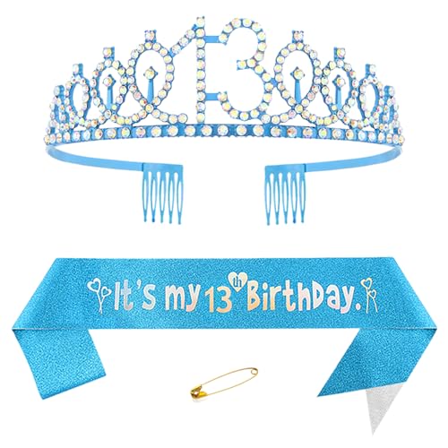 13. Geburtstags Krone und Schärpe für Mädchen Kristall Queen Tiara Princess Crown Blau 13th Birthday Schärpe 13th Geburtstagskrone Geburtstagsschärpe Girls Geburtstag Dekoration Geburtstagsgeschenk von Yijunmca