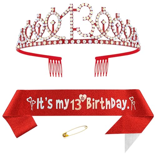 13. Geburtstags Krone und Schärpe für Mädchen Kristall Queen Tiara Princess Crown Rot 13th Birthday Schärpe 13th Geburtstagskrone Geburtstagsschärpe Girls Geburtstag Dekoration Geburtstagsgeschenk von Yijunmca