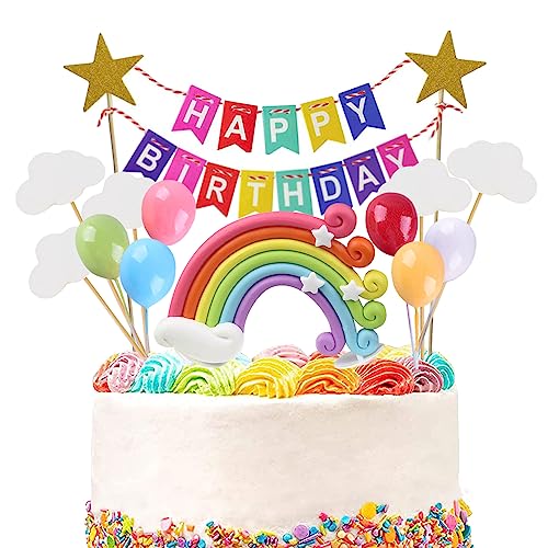 15 Stück Geburtstag Tortendeko Kuchen Toppers Kuchendeko Happy Birthday Banner Regenbogen Bunte Flagge Wolken Sternen Ballon Cake Topper Dekoration für Jungen Mädchen Baby Shower Taufe von Yijunmca