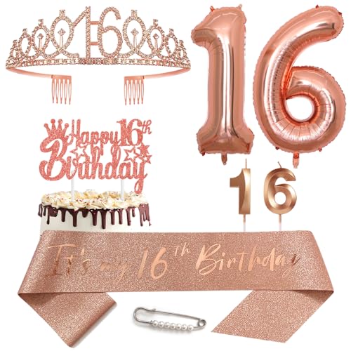 16. Geburtstags Krone Schärpe für Mädchen Kristall Queen Tiara Princess Crown 16 Jahre Geburtstag Tortendeko 16 Geburtstagskrone Geburtstagsschärpe Girls Geburtstagsgeschenk Helium Ballons Zahl 16 von Yijunmca