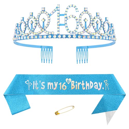 16. Geburtstags Krone und Schärpe für Mädchen Kristall Queen Tiara Princess Crown Blau 16th Birthday Schärpe 16th Geburtstagskrone Geburtstagsschärpe Girls Geburtstag Dekoration Geburtstagsgeschenk von Yijunmca