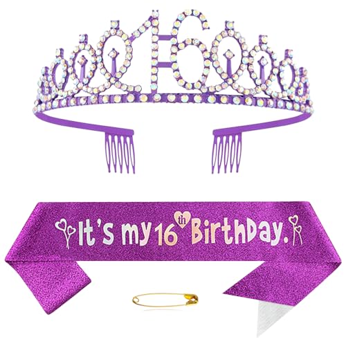 16. Geburtstags Krone und Schärpe für Mädchen Kristall Queen Tiara Princess Crown Lila 16th Birthday Schärpe 16th Geburtstagskrone Geburtstagsschärpe Girls Geburtstag Dekoration Geburtstagsgeschenk von Yijunmca