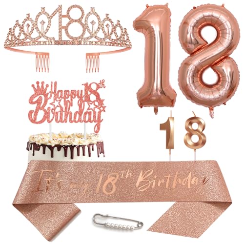 18. Geburtstags Krone Schärpe für Mädchen Kristall Queen Tiara Princess Crown 18 Jahre Geburtstag Tortendeko 18 Geburtstagskrone Geburtstagsschärpe Girls Geburtstagsgeschenk Helium Ballons Zahl 18 von Yijunmca