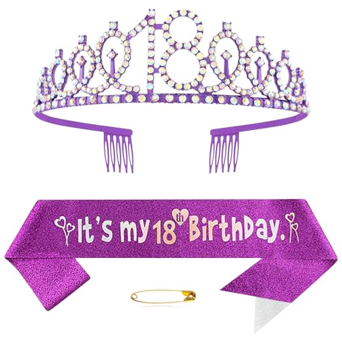 18. Geburtstags Krone und Schärpe für Mädchen Kristall Queen Tiara Princess Crown Lila 18th Birthday Schärpe 18th Geburtstagskrone Geburtstagsschärpe Girls Geburtstag Dekoration Geburtstagsgeschenk von Yijunmca