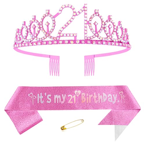 21. Geburtstags Krone und Schärpe für Mädchen Kristall Queen Tiara Princess Crown Rosa 21st Birthday Schärpe 21st Geburtstagskrone Geburtstagsschärpe Girls Geburtstag Dekoration Geburtstagsgeschenk von Yijunmca