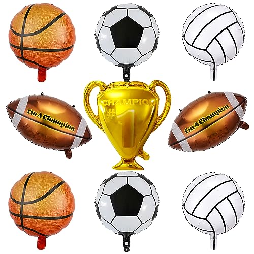 22 PCS Fußball Folienballon Champion Trophäe Mylar Luftballon Basketball Heliumballons Volleyball Foil Ballon Fußball Ballon Set für Baby Shower Deko Jungen Mädchen Kinder Geburtstagsparty Dekoration von Yijunmca