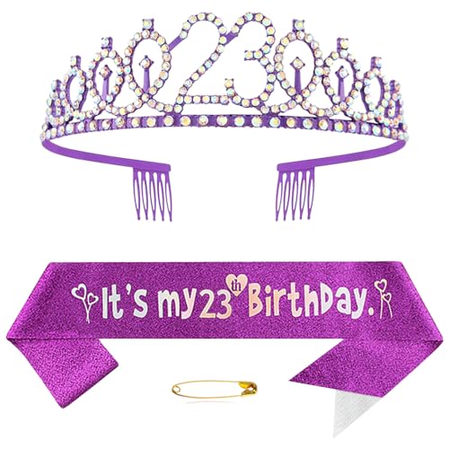 23. Geburtstags Krone und Schärpe für Mädchen Damen Kristall Queen Tiara Princess Crown Lila Birthday Schärpe 23rd Geburtstagskrone Geburtstagsschärpe Girls Geburtstag Dekoration Geburtstagsgeschenk von Yijunmca