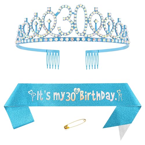 30. Geburtstags Krone und Schärpe für Damen Kristall Queen Tiara Princess Crown Blau Birthday Schärpe 30th Geburtstagskrone Frau Geburtstagsschärpe Frauen Geburtstag Dekoration Geburtstagsgeschenk von Yijunmca