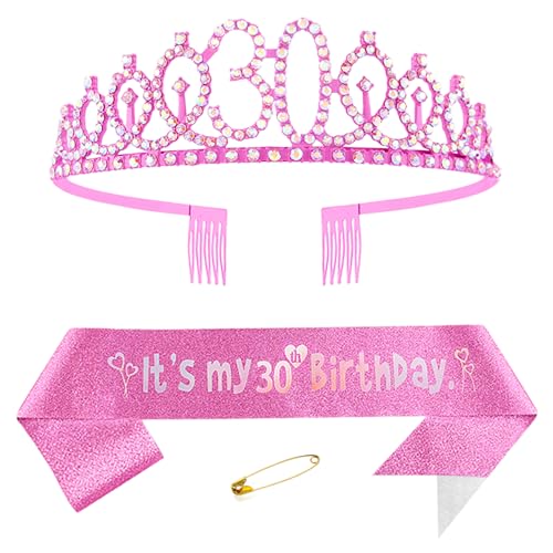 30. Geburtstags Krone und Schärpe für Damen Kristall Queen Tiara Princess Crown Rosa Birthday Schärpe 30th Geburtstagskrone Frau Geburtstagsschärpe Frauen Geburtstag Dekoration Geburtstagsgeschenk von Yijunmca