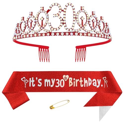 30. Geburtstags Krone und Schärpe für Damen Kristall Queen Tiara Princess Crown Rot Birthday Schärpe 30th Geburtstagskrone Frau Geburtstagsschärpe Frauen Geburtstag Dekoration Geburtstagsgeschenk von Yijunmca