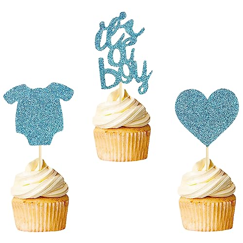 36 Stück Boy Cupcake Toppers Gender Reveal Tortendeko Baby Shower Kuchendeko Baby Jumpsuits Herz It's a Boy Kuchen Topper Geburtstag Kuchendeko Cake Topper für Babyparty Baby Dusche Dekorationen von Yijunmca