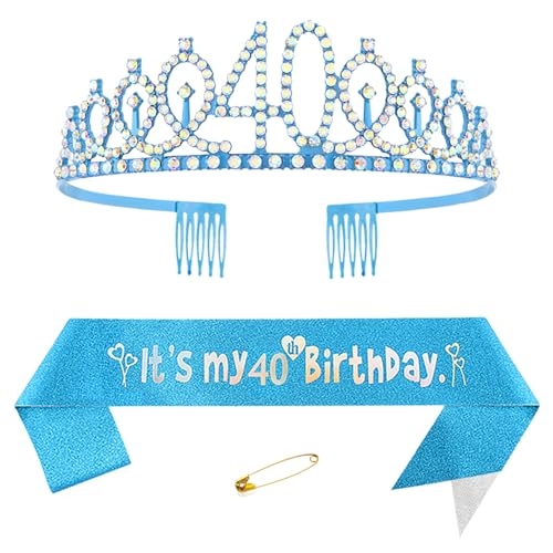 40. Geburtstags Krone und Schärpe für Damen Kristall Queen Tiara Princess Crown Blau Birthday Schärpe 40th Geburtstagskrone Frau Geburtstagsschärpe Frauen Geburtstag Dekoration Geburtstagsgeschenk von Yijunmca