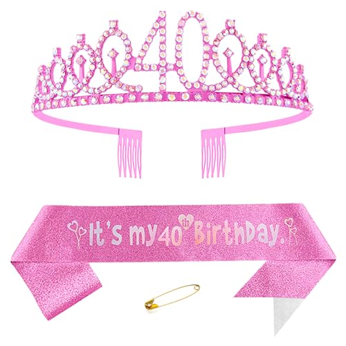 40. Geburtstags Krone und Schärpe für Damen Kristall Queen Tiara Princess Crown Rosa Birthday Schärpe 40th Geburtstagskrone Frau Geburtstagsschärpe Frauen Geburtstag Dekoration Geburtstagsgeschenk von Yijunmca