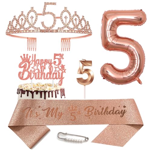 5. Geburtstags Krone Schärpe für Mädchen Kristall Queen Tiara Princess Crown 5 Jahre Geburtstag Tortendeko 5 Geburtstagskrone Geburtstagsschärpe Girls Geburtstagsgeschenk Helium Ballons Zahl 5 von Yijunmca