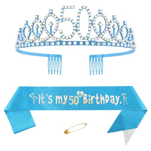 50. Geburtstags Krone und Schärpe für Damen Kristall Queen Tiara Princess Crown Blau Birthday Schärpe 50th Geburtstagskrone Frau Geburtstagsschärpe Frauen Geburtstag Dekoration Geburtstagsgeschenk von Yijunmca