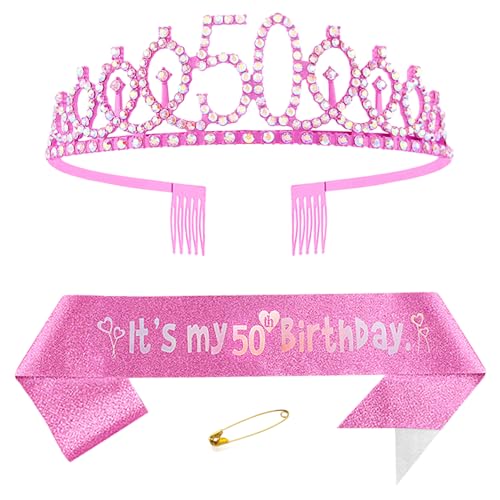 50. Geburtstags Krone und Schärpe für Damen Kristall Queen Tiara Princess Crown Rosa Birthday Schärpe 50th Geburtstagskrone Frau Geburtstagsschärpe Frauen Geburtstag Dekoration Geburtstagsgeschenk von Yijunmca