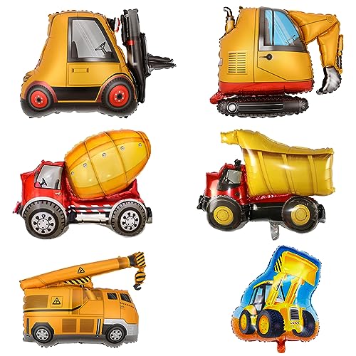 6 Stück Car Folienballons Bagger Luftballon Bulldozer Helium Ballons Gabelstapler Kran Betonmisch LKW Baufahrzeuge Mylar Ballon für Auto-Thema Party Baustelle Geburtstag Hochzeiten Dekorationen von Yijunmca