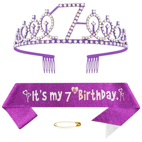 7. Geburtstags Krone und Schärpe für Mädchen Kristall Queen Tiara Princess Crown Lila 7th Birthday Schärpe 7th Geburtstagskrone Geburtstagsschärpe für Girls Geburtstag Dekoration Geburtstagsgeschenk von Yijunmca