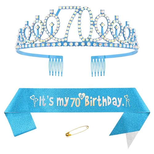 70. Geburtstags Krone und Schärpe für Damen Kristall Queen Tiara Princess Crown Blau Birthday Schärpe 70th Geburtstagskrone Frau Geburtstagsschärpe Frauen Geburtstag Dekoration Geburtstagsgeschenk von Yijunmca