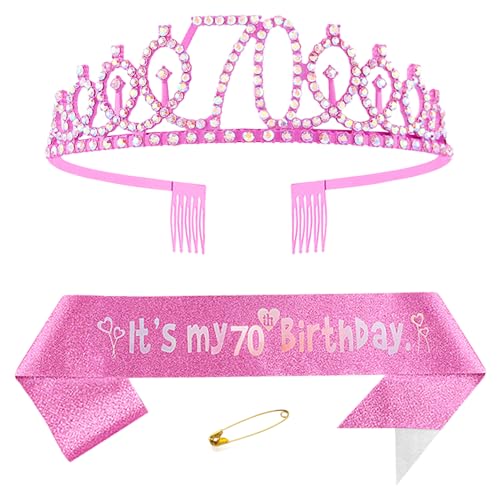 70. Geburtstags Krone und Schärpe für Damen Kristall Queen Tiara Princess Crown Rosa Birthday Schärpe 70th Geburtstagskrone Frau Geburtstagsschärpe Frauen Geburtstag Dekoration Geburtstagsgeschenk von Yijunmca