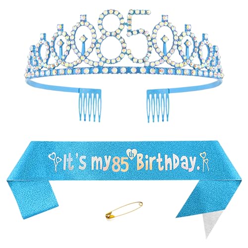 85. Geburtstags Krone und Schärpe für Damen Kristall Queen Tiara Princess Crown Blau Birthday Schärpe 85th Geburtstagskrone Frau Geburtstagsschärpe Frauen Geburtstag Dekoration Geburtstagsgeschenk von Yijunmca